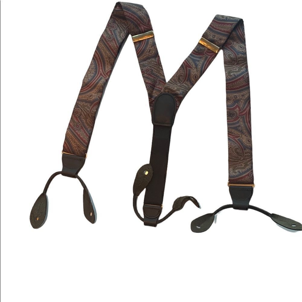 CAS Mens Braces Suspenders Silk Leather Button Tips Brass Clasp